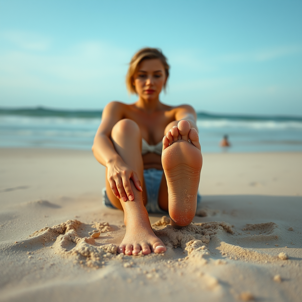 Realistic Images idea: photorealistic generated image, natural materials and skin texture, physically plausible lighting, full body photo of a woman sitting on the beach. He