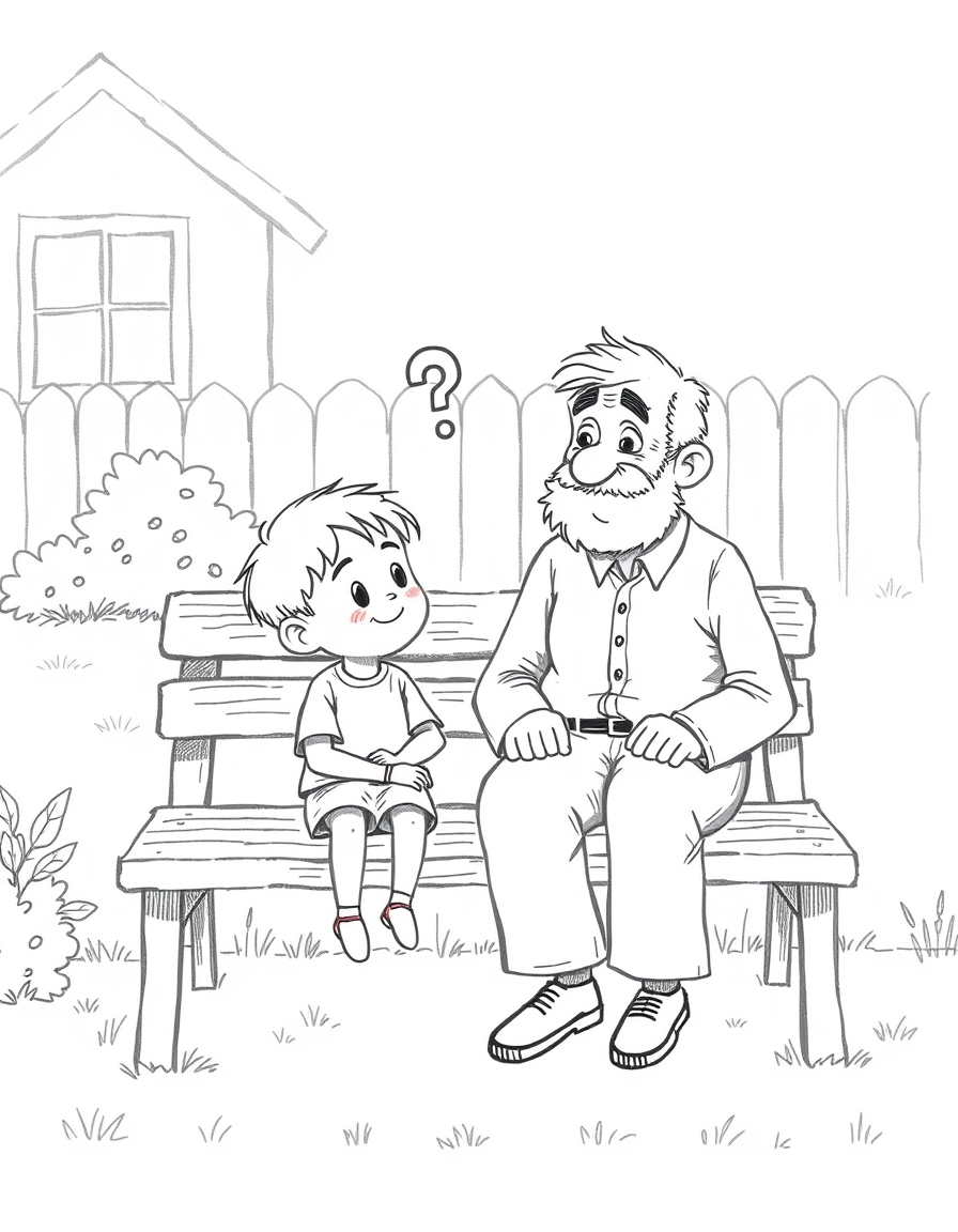 Main art studio: A simple black-and-white pencil sketch of a cute little boy sitting beside his grandfather on an old wooden bench in a quiet neighborhood yard. The bo