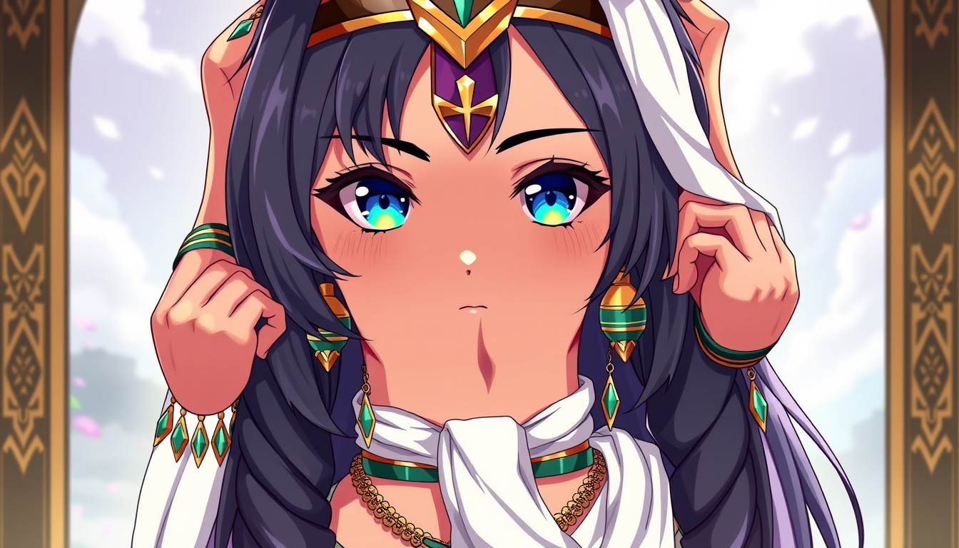 Anime idea: anime style, vibrant colors, expressive eyes, Yoimiya de Genshin Impact. Elle est dans un mix de déesse égyptienne, déesse grec. Sa peau est métisse,
