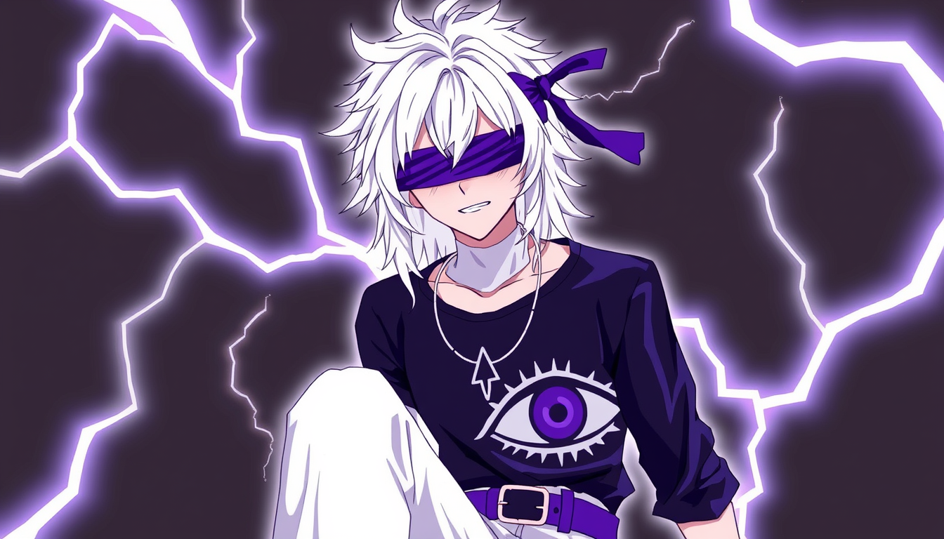 Main art studio: white hair + SKIN COLR IS THESAME COLOR AS HIS HAIR + black shirt + white NECKLACE+ purple Eye of Ender SHIRT DISIGN+ purple blindfold/headband + whit