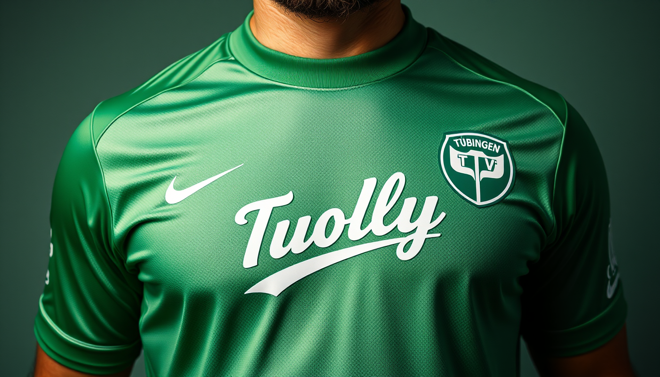 Main art studio: Erstelle ein Trikot von einem Tischkickerverein in grünen Farbtönen links auf der Brust ein Logo mit TKV Tübingen rechts ein Nikezeichen und zentral e