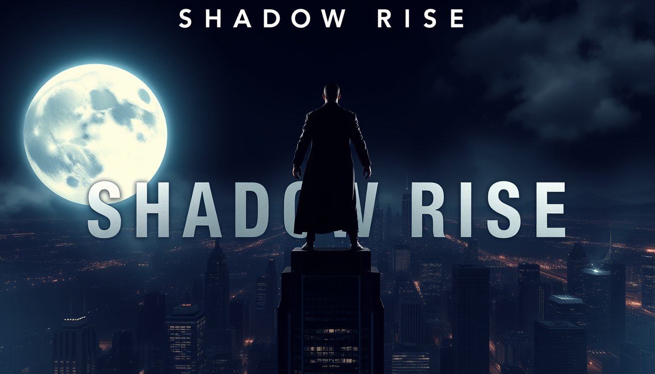 Main art studio: “Create a cinematic entertainment movie poster for an original movie called ‘SHADOW RISE’. A mysterious superhero standing on top of a skyscraper at n