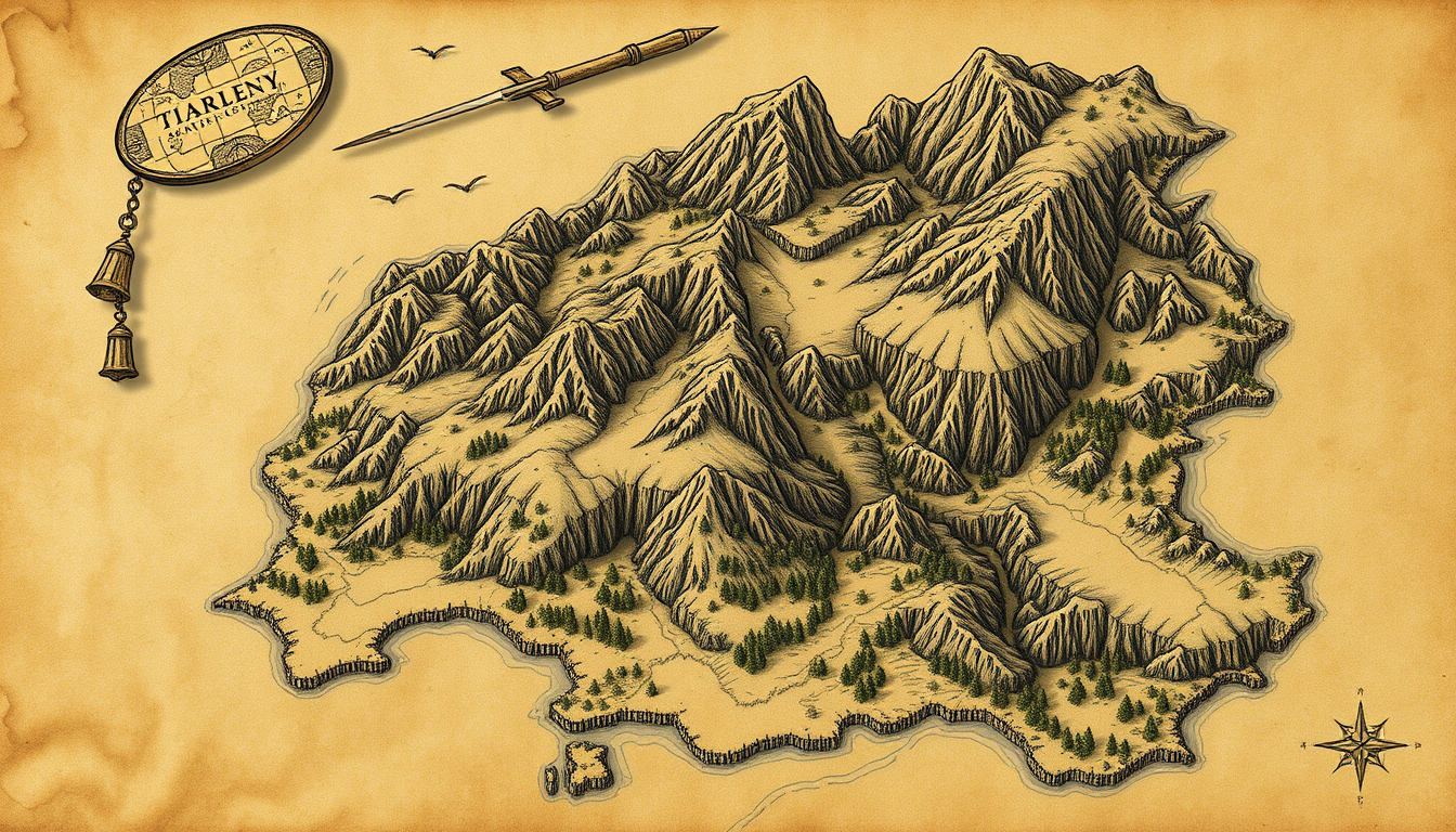 Fantasy Maps idea: fantasy world map, hand-drawn cartography, aged parchment, mountains forests and coastlines, 湖が多い、山などが多い , detailed RPG region map
