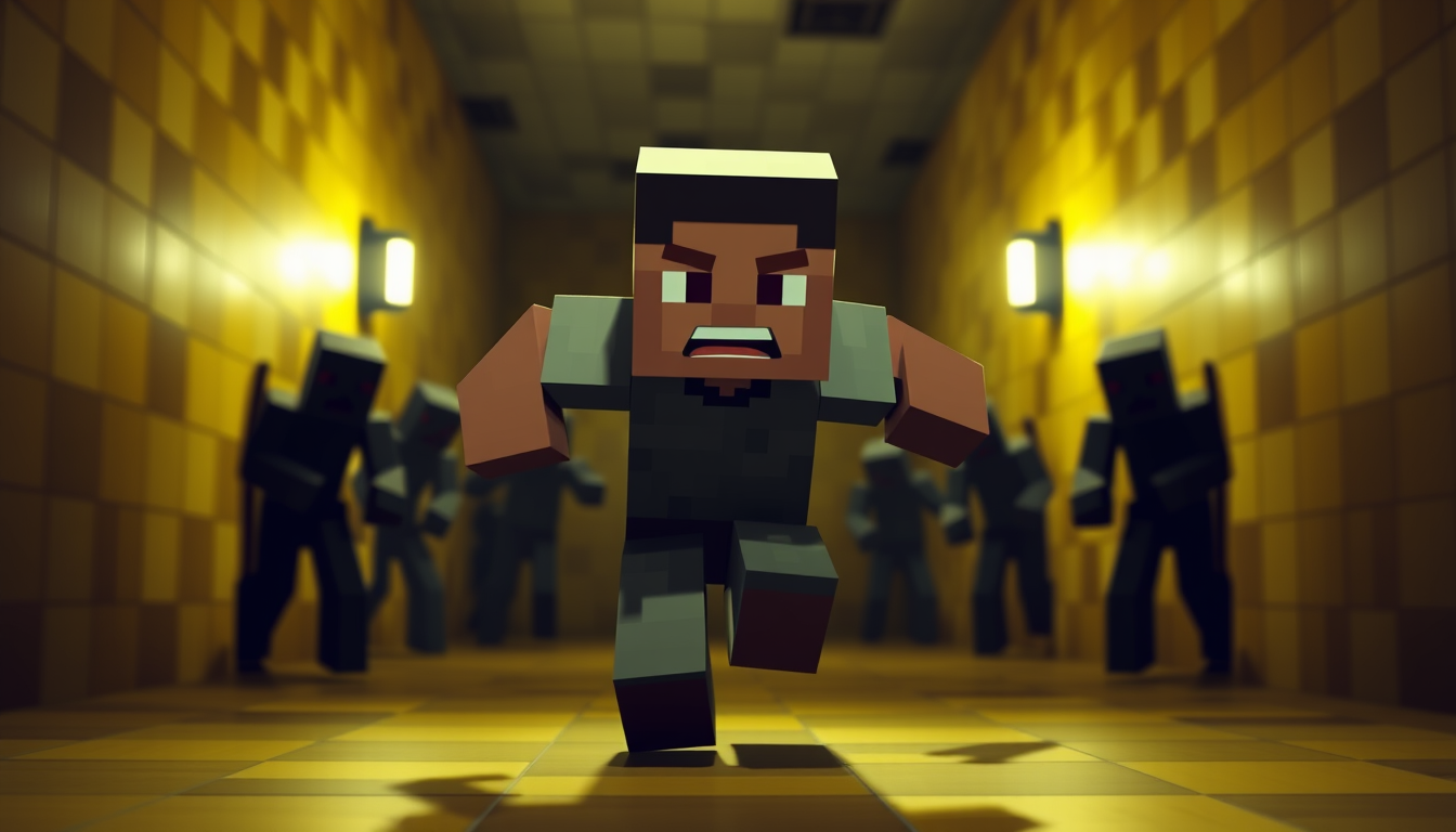 Main art studio: Minecraft-style voxel character running in fear through the Backrooms. The character looks terrified and desperate, sprinting forward as if escaping s