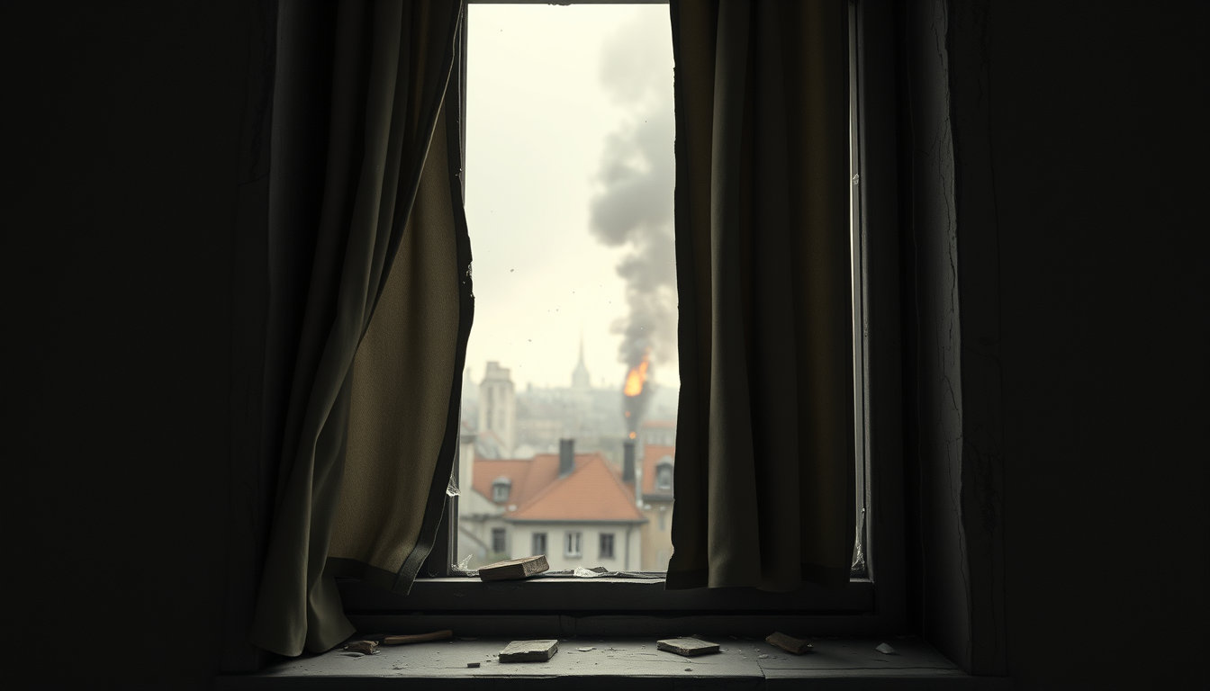 Main art studio: Atmospheric cinematic 3D animated historical documentary shot, close view of a shattered window in a heavily damaged Berlin apartment building in 1945