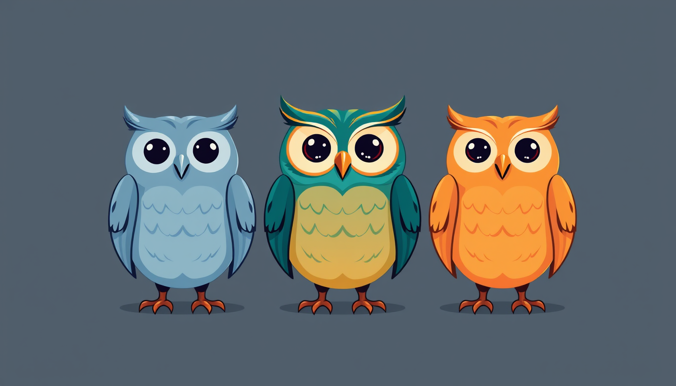 Main art studio: Professional mascot logo for a modern university study app. Exactly three charming gender-neutral owl characters side by side. Left owl is blue-gray, 