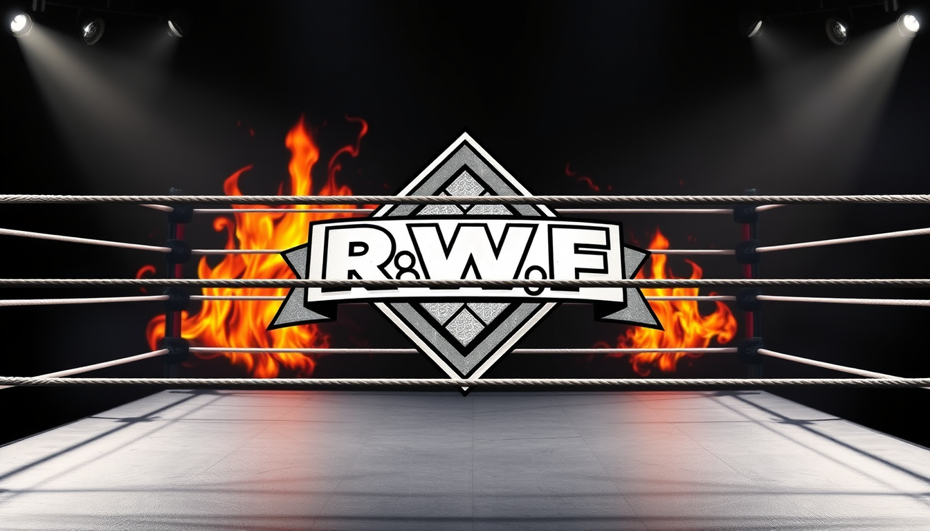 Main art studio: Wrestling ring with R.W.F logo on banner diamond plate background with flames
