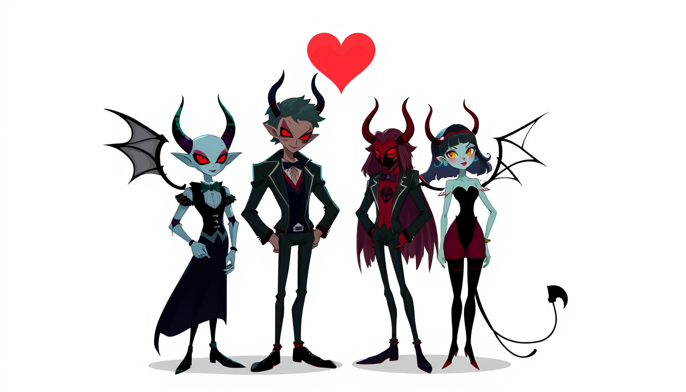 AI Art prompt example created from the prompt: Generate the hotel hazbin style concept art Husk Charlie Waggie Angel will give Alastor Lucifer Niffty (add their original biographies age h