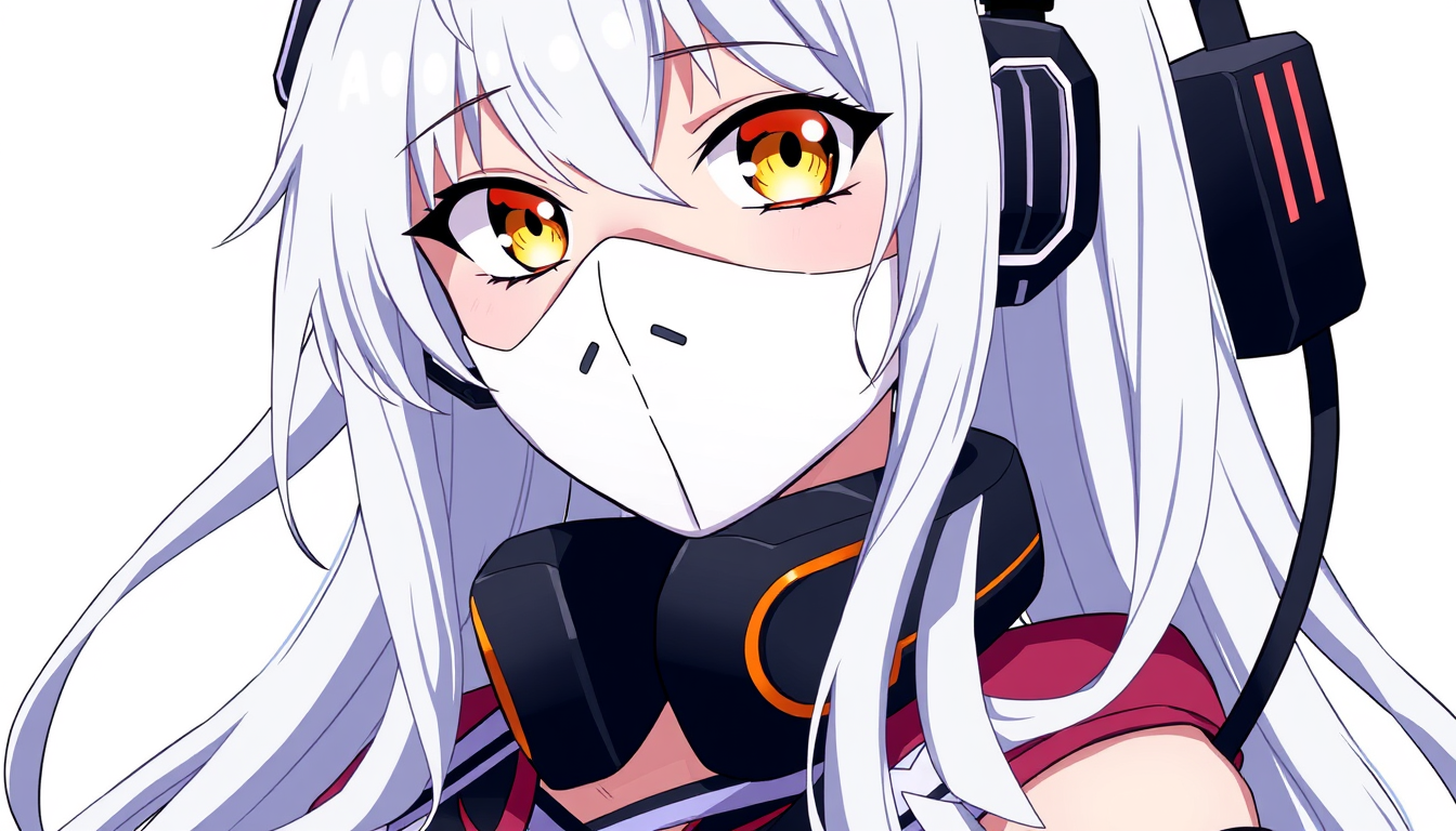 Anime idea: anime style, vibrant colors, expressive eyes, Anime girl with long white hair, golden eyes, an opaque white face mask, and headphones around her neck.