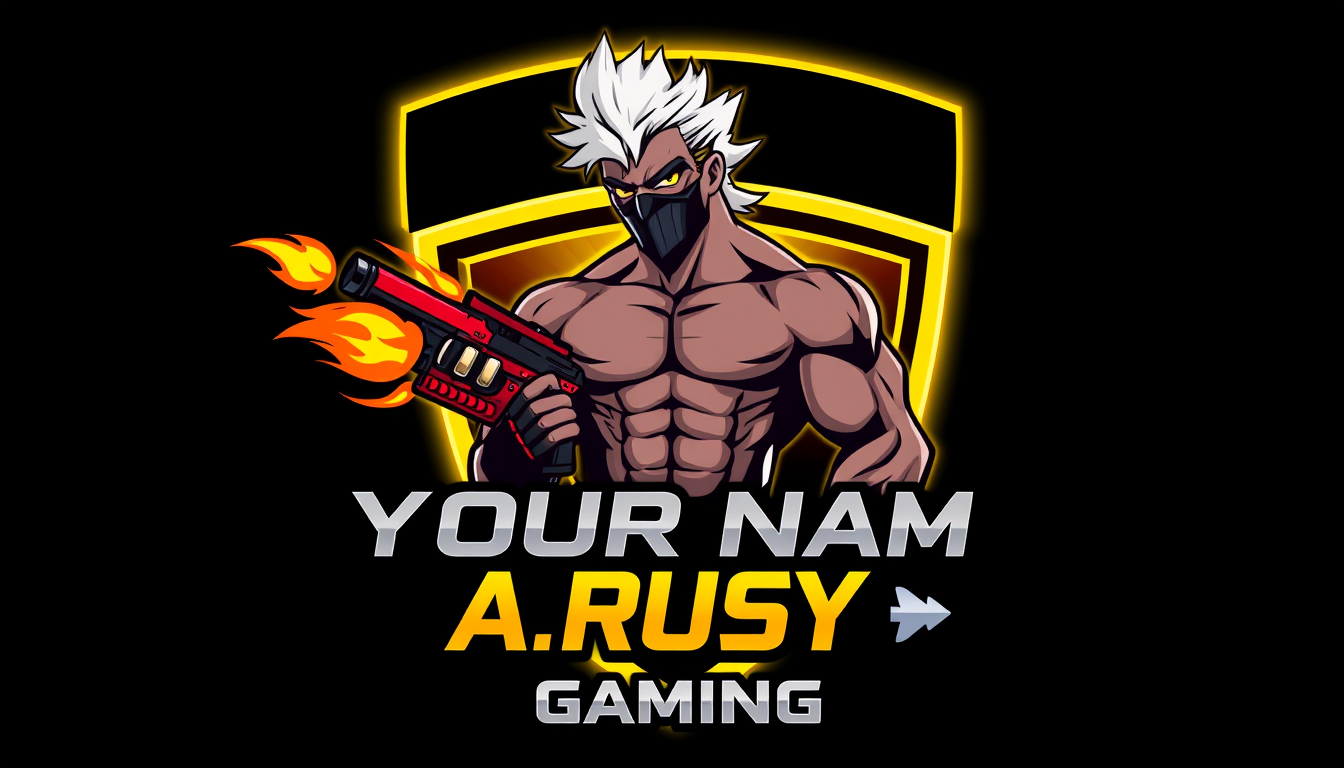 Main art studio: A stylized gaming logo featuring a shirtless futuristic warrior with muscular build, spiky white hair, black mask with glowing yellow accents, holding
