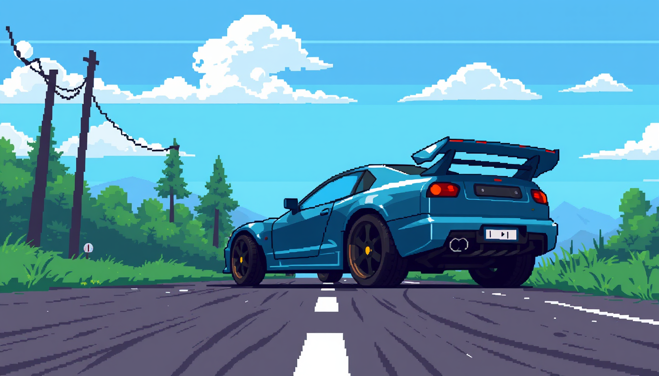 Pixel Art idea: pixel art, 32x32 sprite scale, limited palette, retro 16-bit game art, Coche visto desde una perspectiva de RPG de 16 bits vista de tres cuartos desde