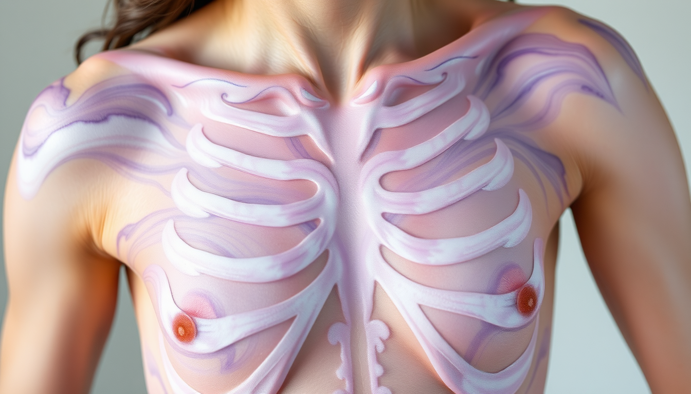 Main art studio: show a picture of lilac and lavender swirls intersect with pearlscen white clouds across the rib cage; soft hues of pinks and blues and greens decorat