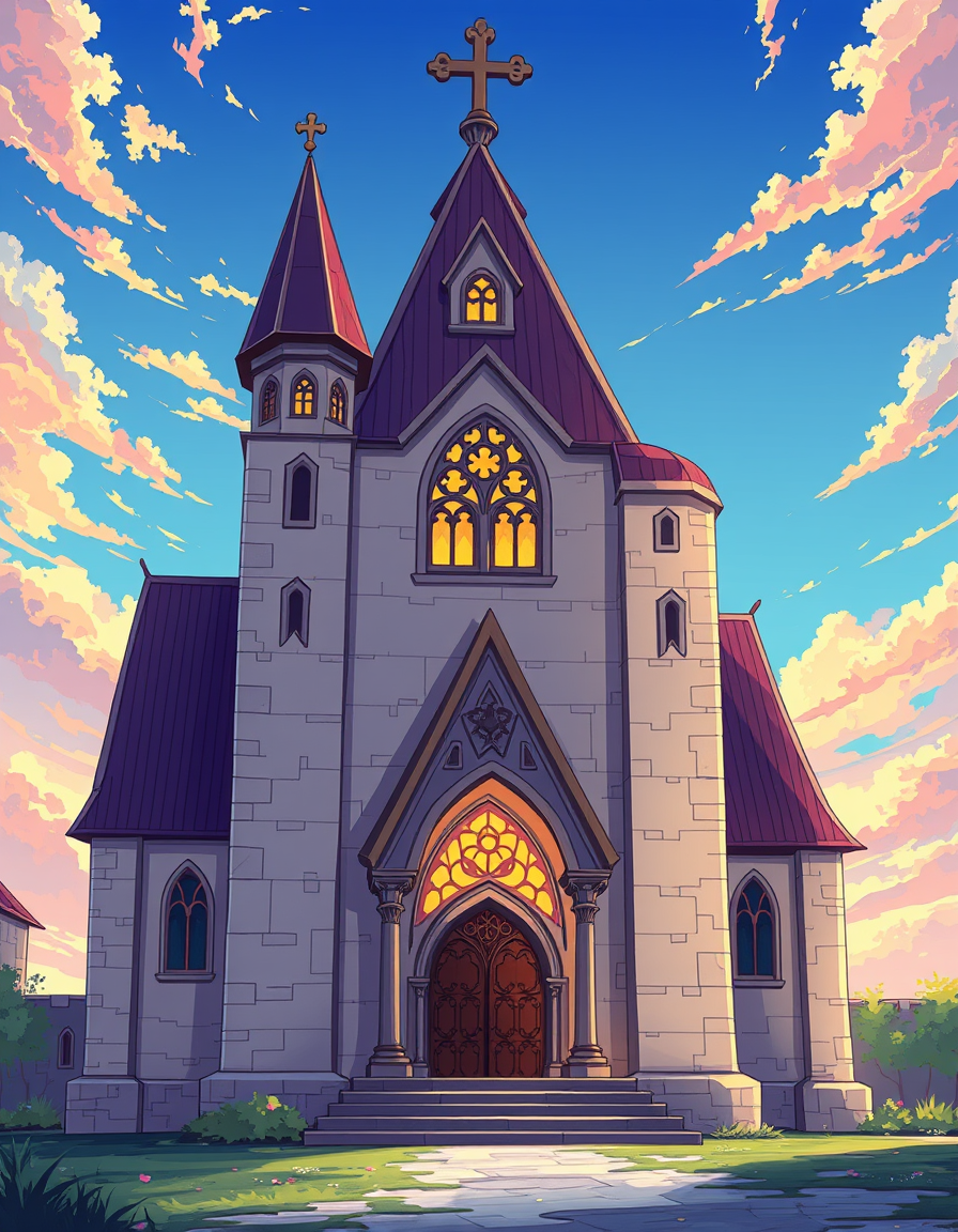 Anime idea: anime style, vibrant colors, expressive eyes, create a medieval Church building with simple Toon cel-shaded artstyle , detailed anime illustration