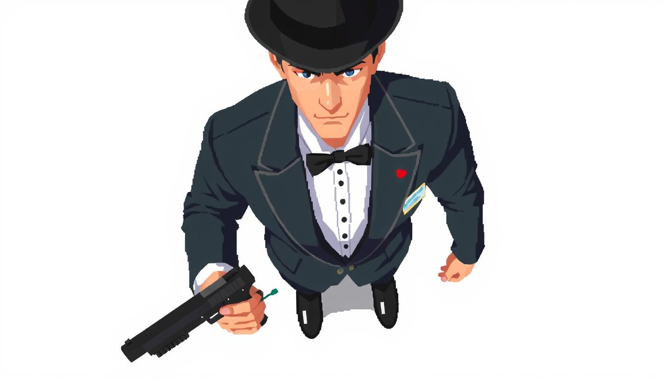 Game Asset idea: 2D game asset, clean isolated object, consistent art style, make FULL TOP above-view video game pixelated Japanese P.I wearing a tuxedo, a fedora and