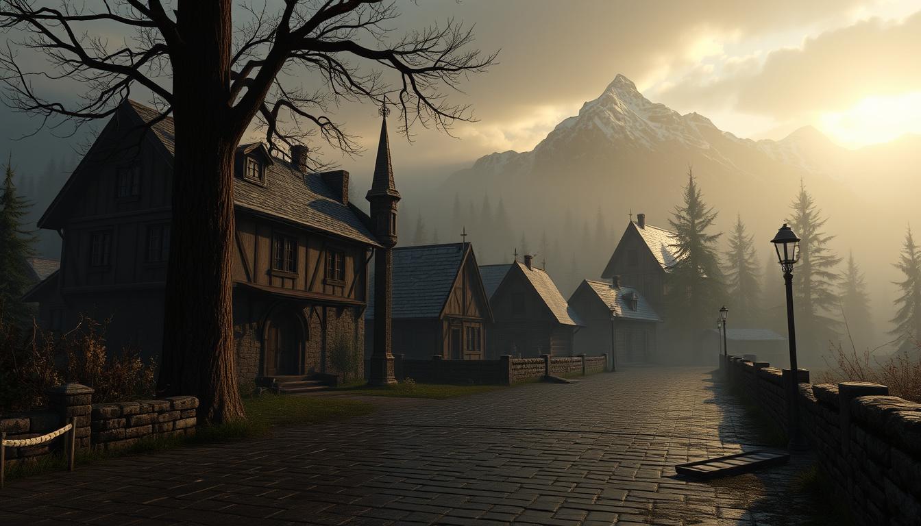 Main art studio: Scene 01 – The Beginning Environment A mist-covered medieval village at sunrise, surrounded by ancient forests and snow-capped mountains. Cobblestone