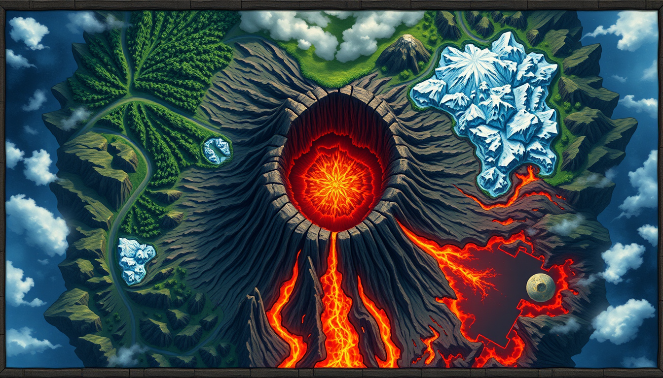 Main art studio: writing{variant="standard" id="74106" title="Prompt simple — plateau volcan"} Fantasy board game map, landscape 16:9, top-down view. A giant volcano s