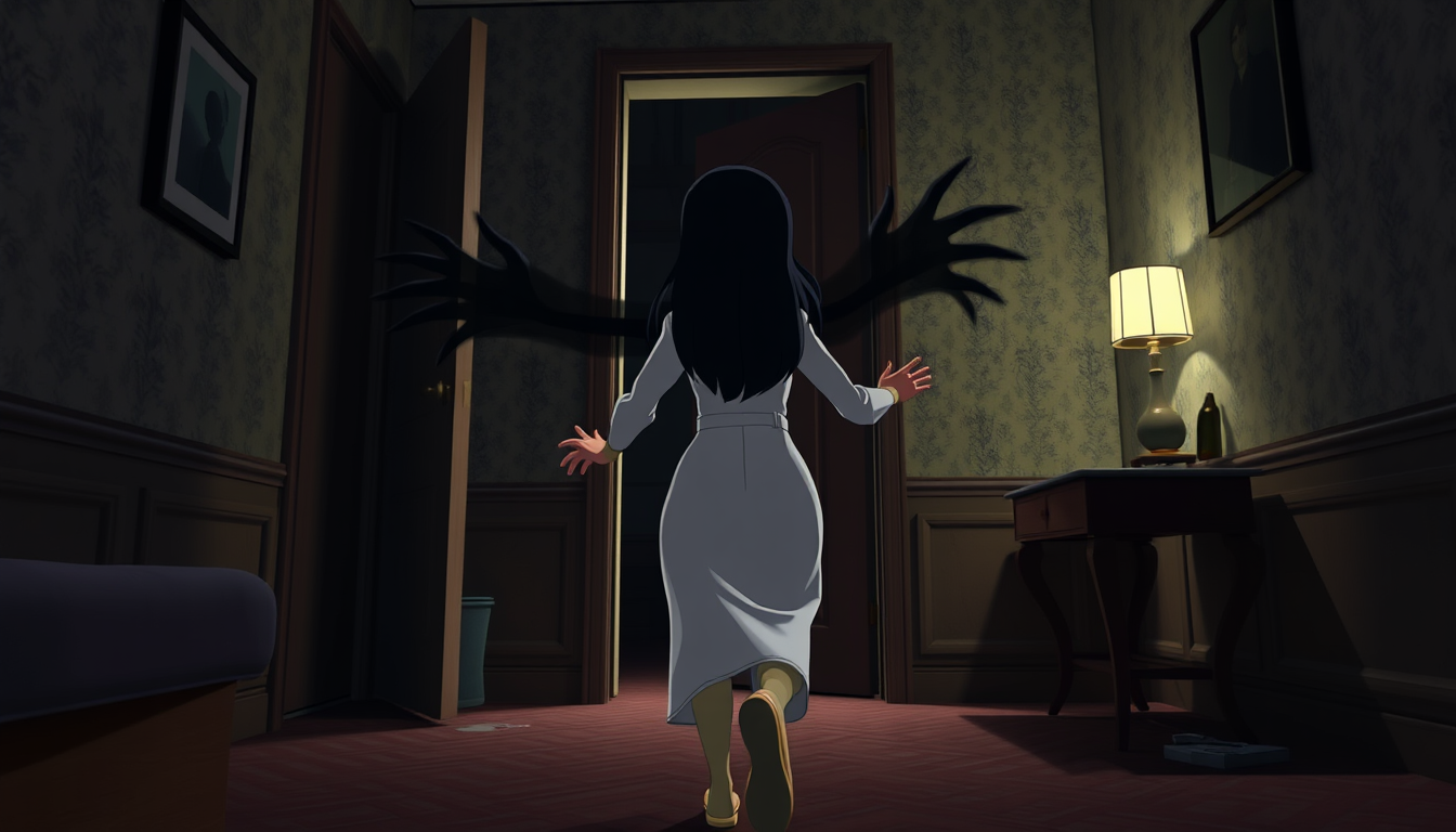 Main art studio: 3D animated horror cartoon style. Ayesha, the same young woman with long black hair wearing a modest, full-length white dress with long sleeves, runs 