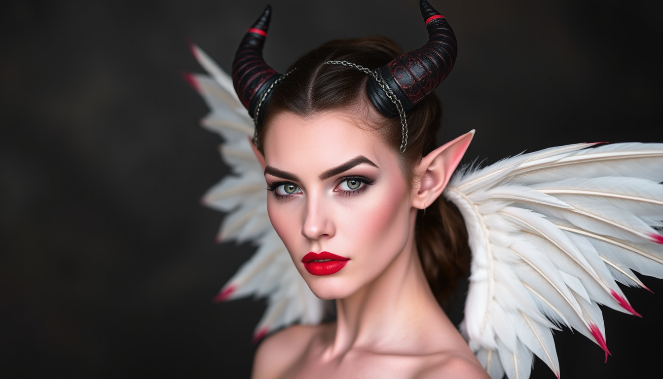 Main art studio: mature 30-something demon princess with pink skin, small black horns, ruby lips, white feather wings with red tips