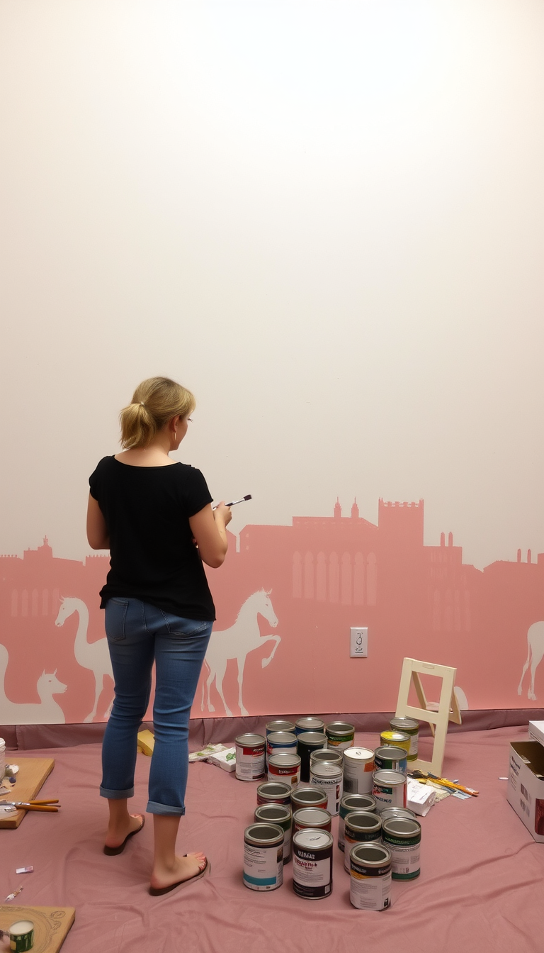 Main art studio: Artist standing in front of a mostly blank wall, arranging paint cans and preparing her brushes, mural only lightly sketched.