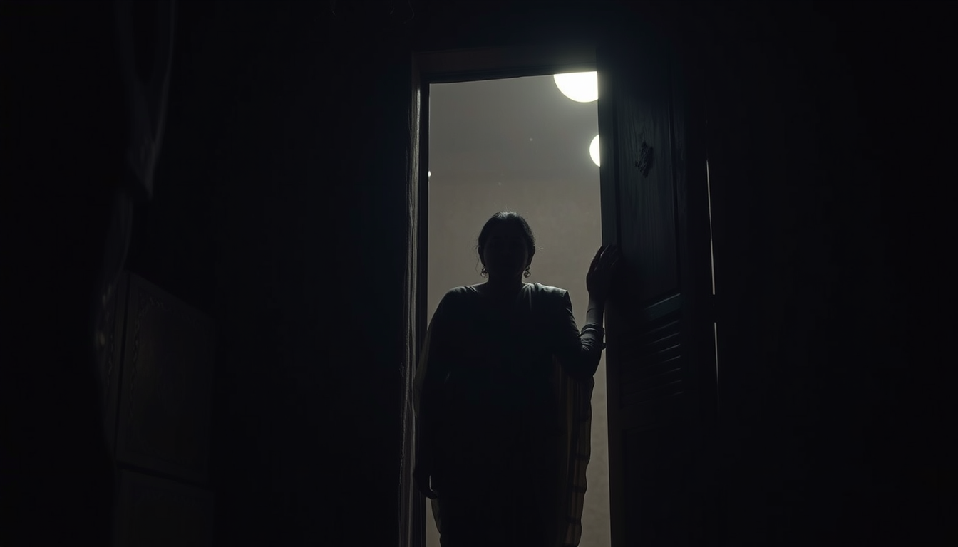 Main art studio: Ultra photorealistic cinematic 4K scene of Neera Arya secretly leaving an old Indian house at midnight in 1940, wearing the same traditional saree, ca