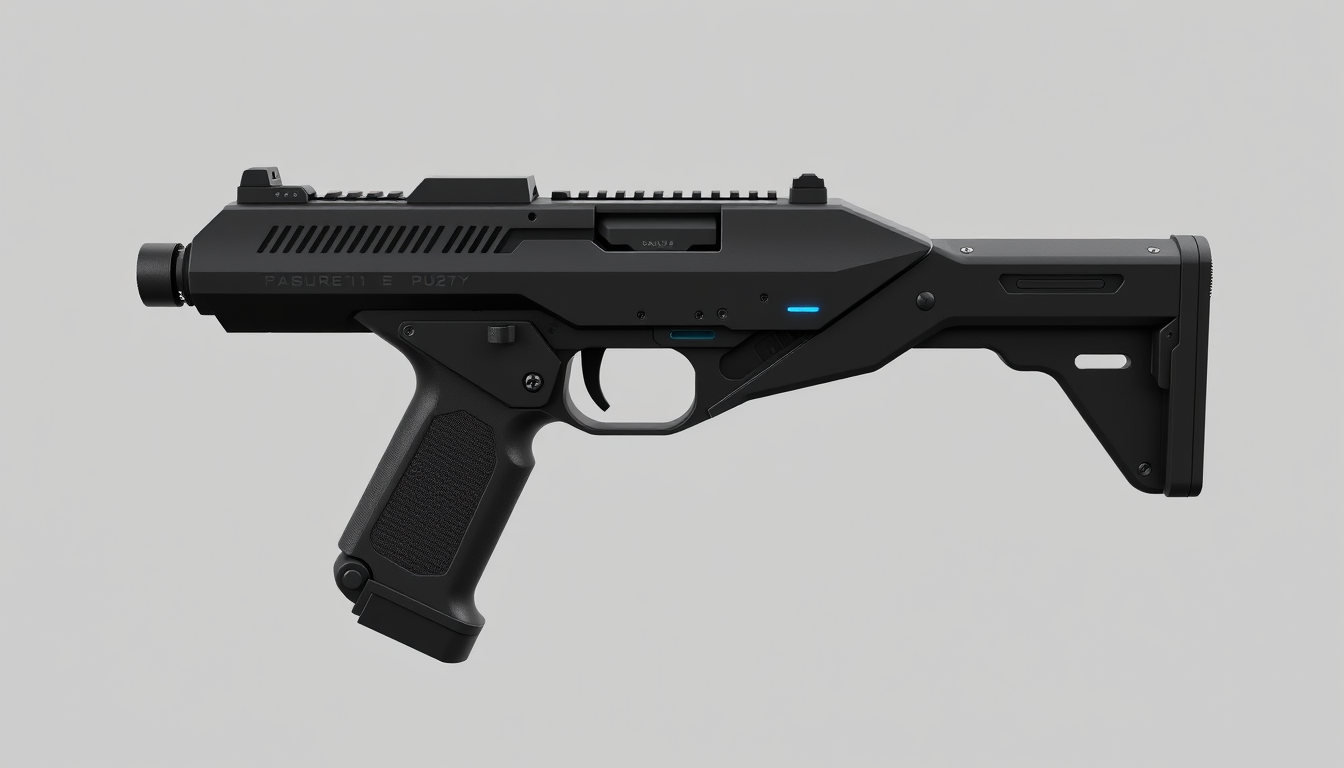 AI Art prompt example created from the prompt: Futuristic military pistol for a realistic sci-fi FPS game set in 3027. Sleek, compact and practical design, angular geometric shapes, simpl