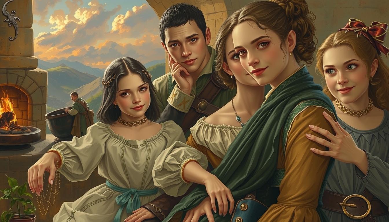 Fantasy Art idea created from the prompt: fantasy art, epic, magical, detailed illustration, put them all in a different better fit family pose whimsical realistic portrait painting 