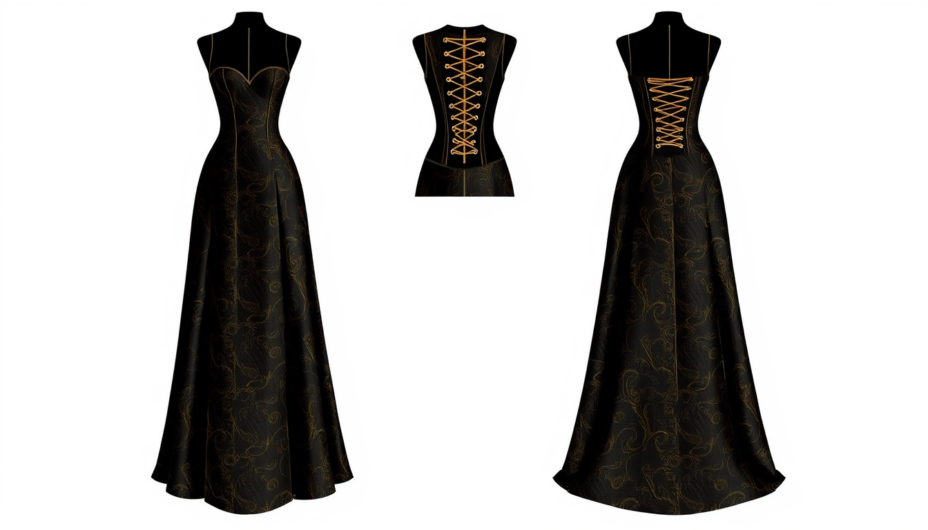 Main art studio: Couture black-and-gold Kintsugi A-line gown, ankle length with shoe clearance. Structured fitted corset bodice with a straighter, subtle cat-eye neckl