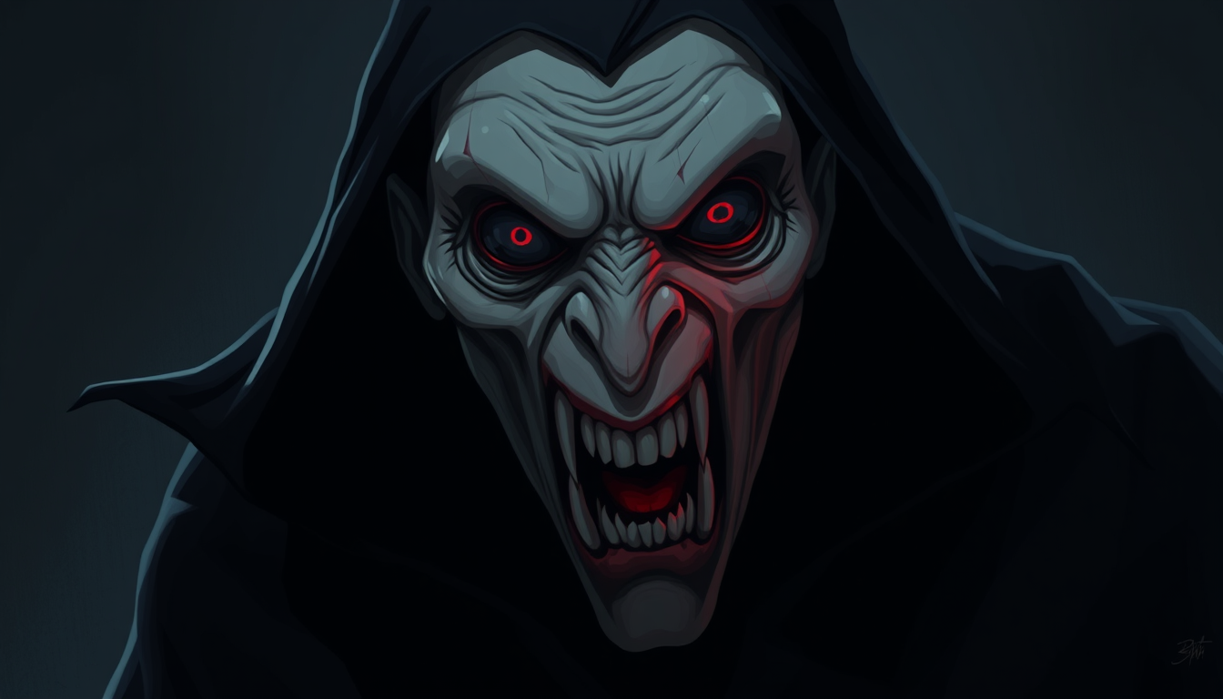 Main art studio: Um vampiro gigante e assustador para um jogo 2D de terror, com a boca escancarada, caninos extremamente longos e afiados, olhos completamente pretos c