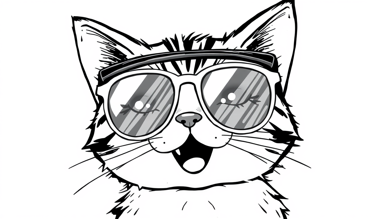 Main art studio: katze mit Sonnenbrille. Malbuchstil: Nur die Linien = Schwarz und weiß,es ist zum ausmalen. cartoonlike.