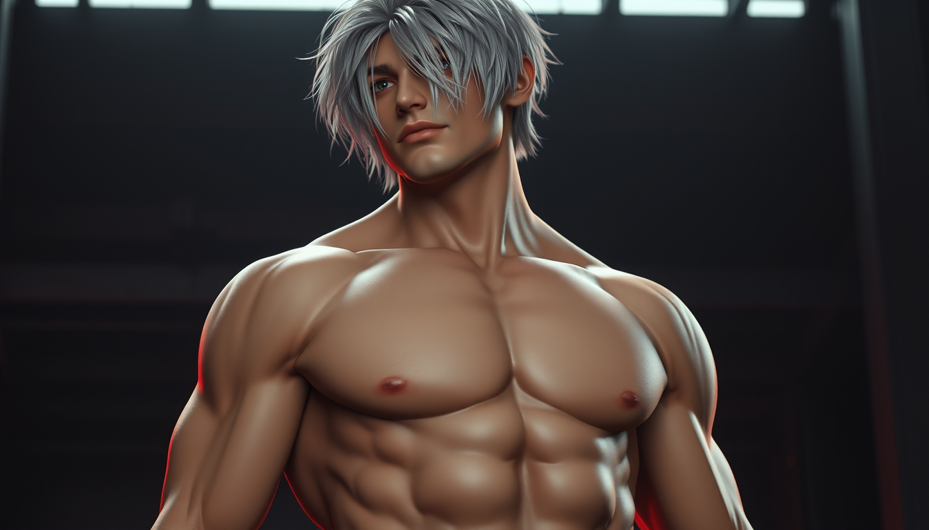 Main art studio: Create a cinematic 6-second video of an adult fictional muscular goth warrior with tousled silver-white hair, wearing fitted black boxer briefs with f