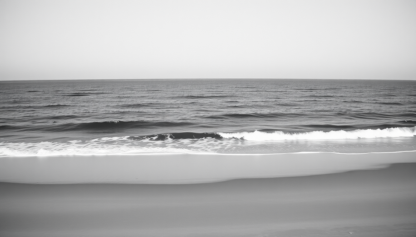 Main art studio: A premium black and white photograph of Muchangpo Beach in Boryeong, Korea. A borderless square image showing the calm ocean waves, tidal flats, sandy