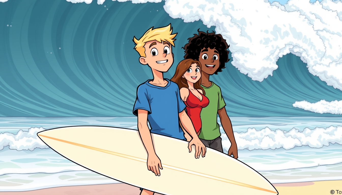 Main art studio: Jack, a 17-year-old boy with short blond hair wearing a blue surf shirt, standing on an Australian beach holding his surfboard and looking excited at
