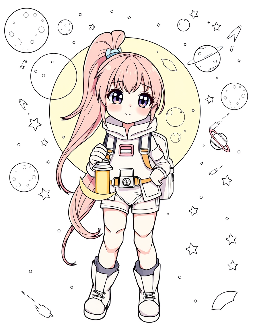 Anime idea: anime style, vibrant colors, expressive eyes, Original anime-inspired young female moon explorer, full body, long ponytail, expressive eyes, cute spac
