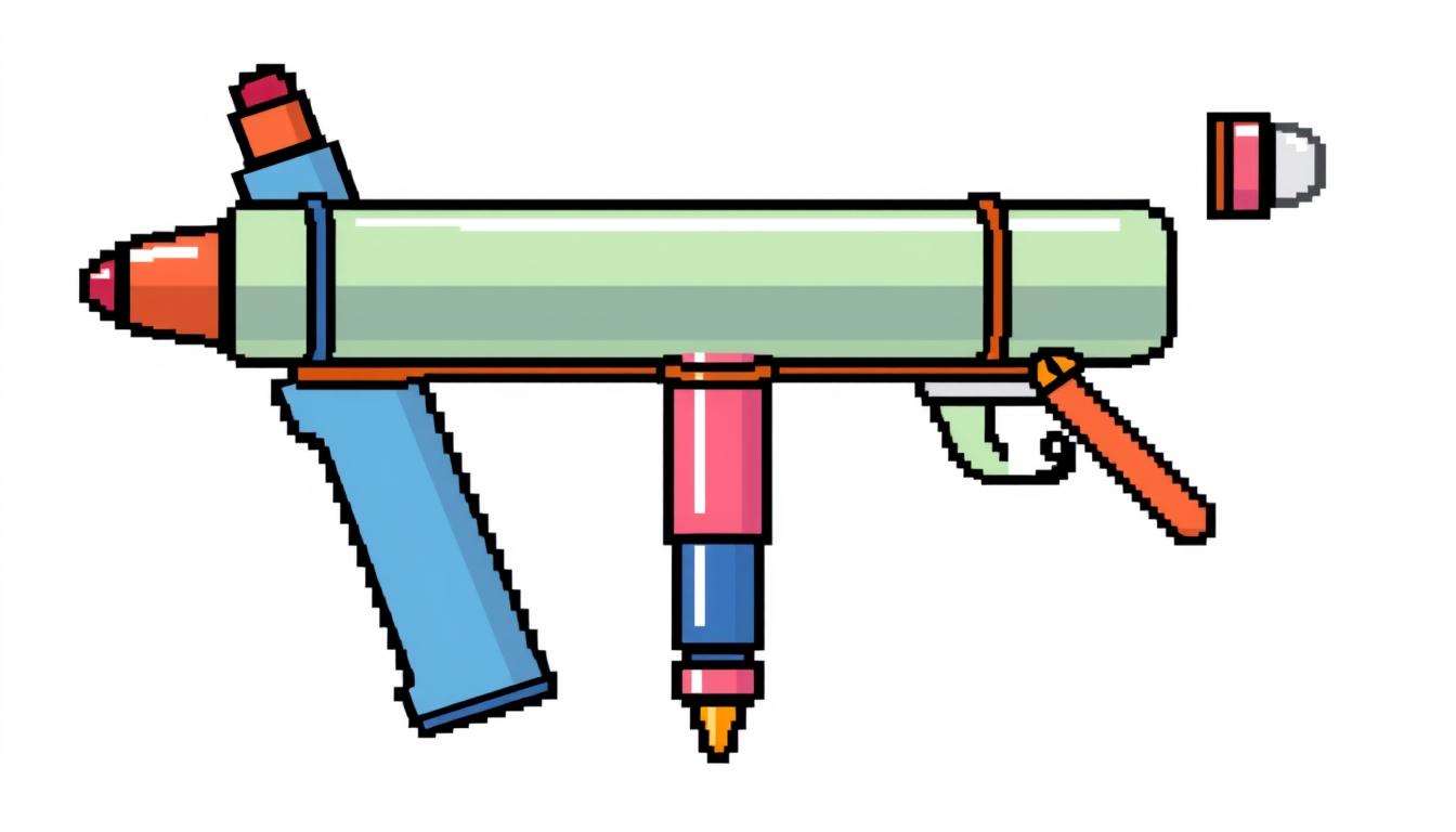 Sprites idea: pixel art game sprite, clean pixel grid, retro 16-bit palette, 2D side view game sprite, left-facing, triple rocket launcher made from three colorful