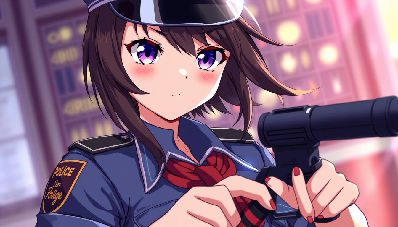 Anime idea: anime style, vibrant colors, expressive eyes, Génère moi une fille brune en policière , detailed anime illustration