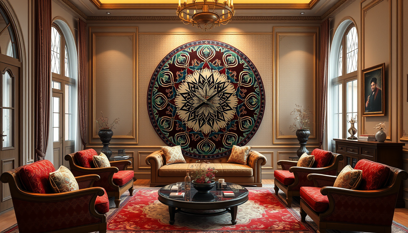 Main art studio: Photorealistic elegant Iranian living room with a beautiful handmade round epoxy resin wall clock inspired by traditional Persian carpet patterns. Ric
