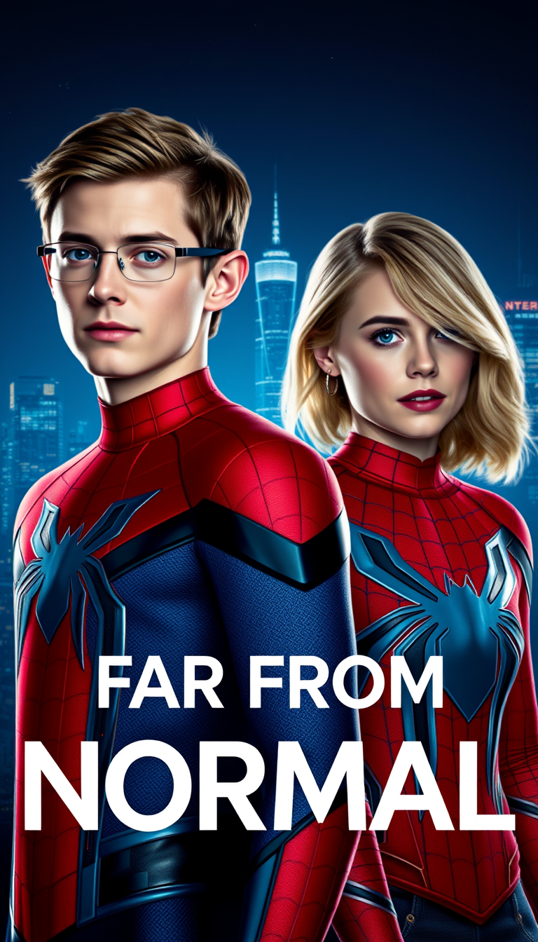 Main art studio: Portada para un fanfic con Tom Holland como Peter Parker y Mckenna Grace como Kate Rogers, manteniendo sus rasgos reconocibles. Ambos están espalda co