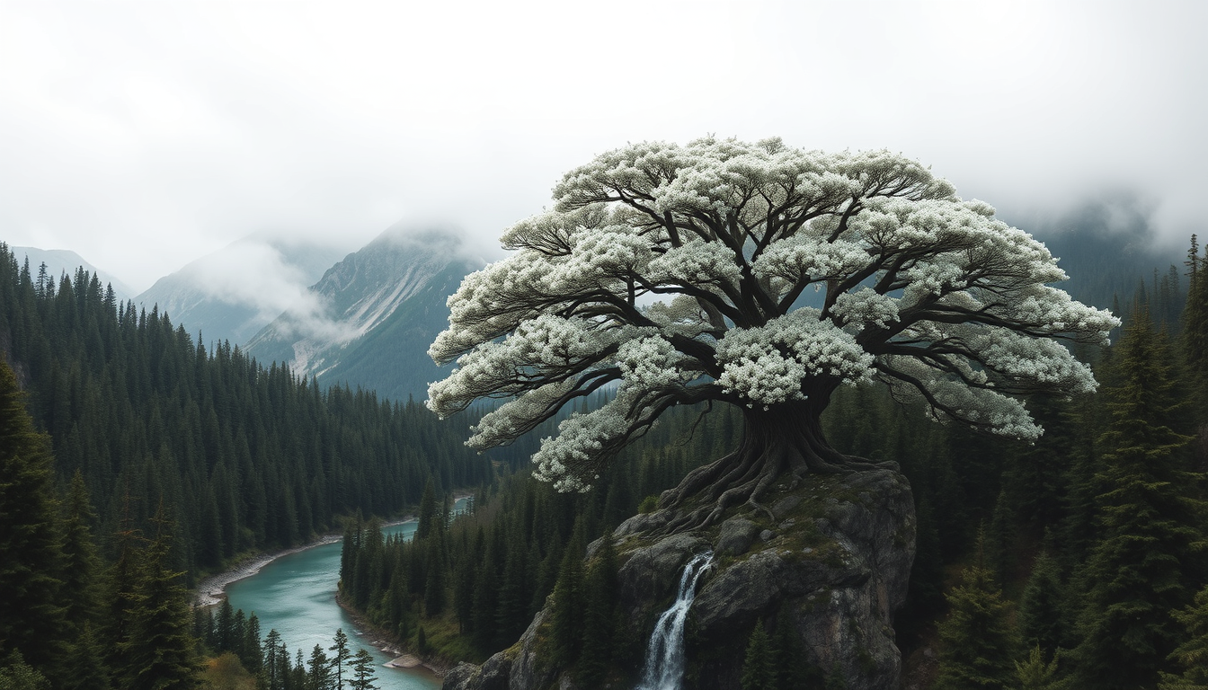 Main art studio: Vast cinematic fantasy wilderness. Tall, slim, steep mountains rise into cloudy white mist, their peaks disappearing completely. Endless dark-green pi
