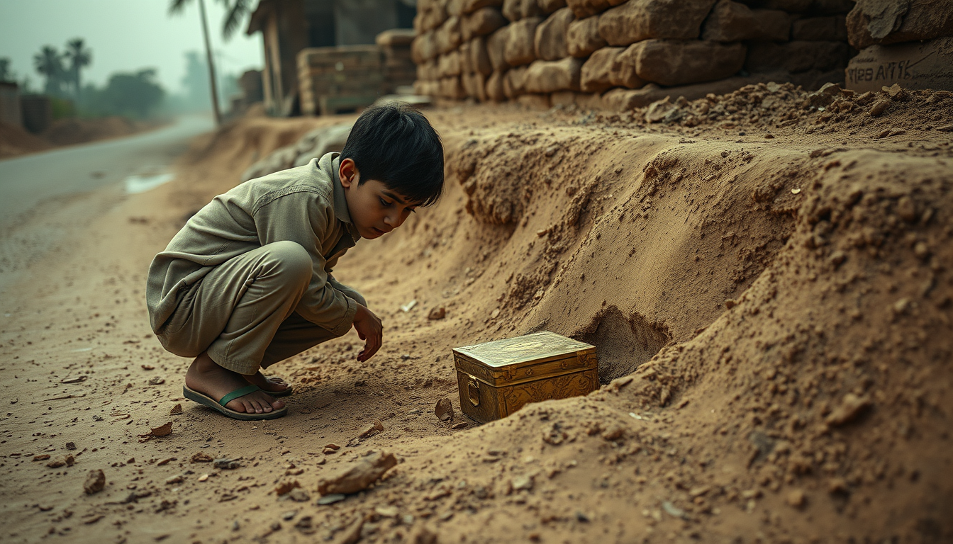 Main art studio: The same poor young Pakistani village boy suddenly notices a mysterious old golden box half buried in the dirt beside the rural road. He kneels down a