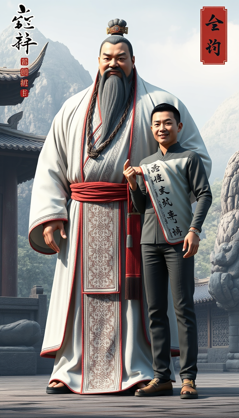 Main art studio: Same character, same face and same white ancient Chinese robes. Make him 2.3 meters tall, extremely huge and muscular, massive shoulders, huge chest,