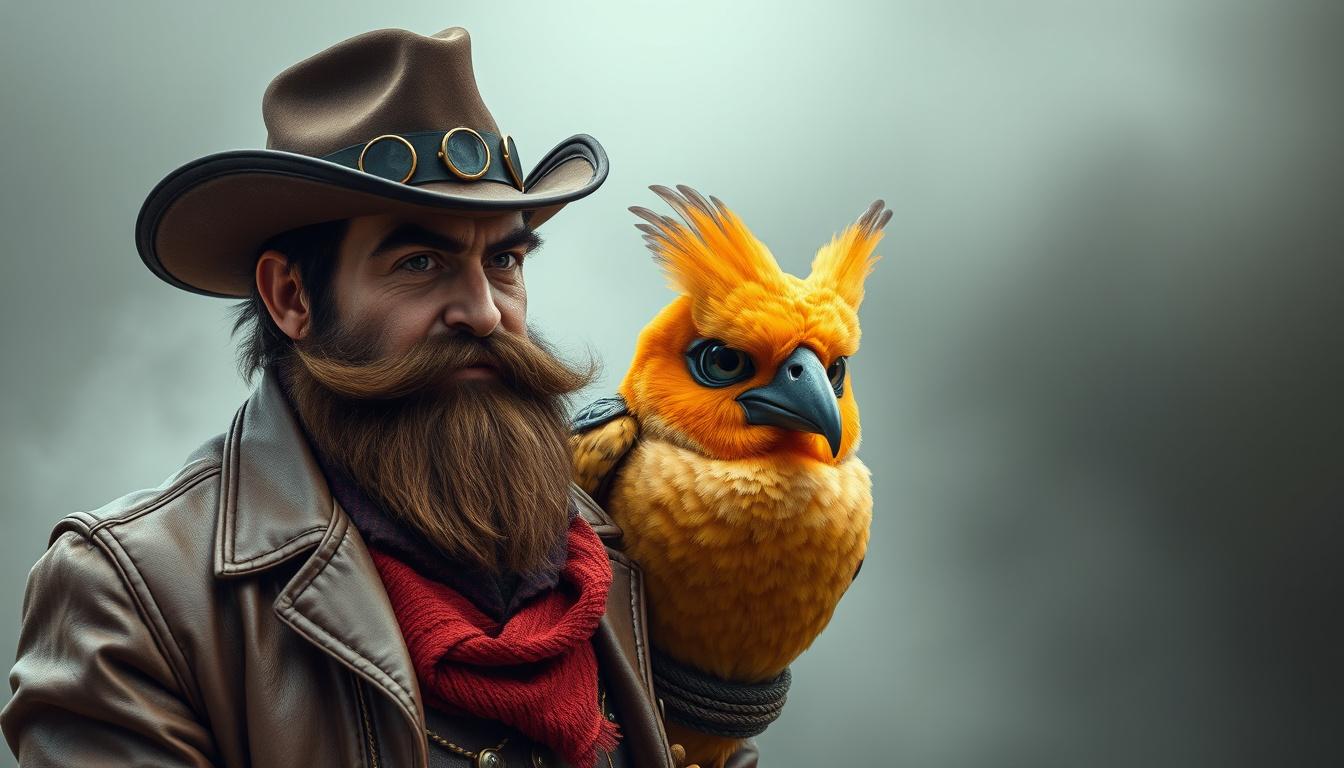 Main art studio: Un bardo con una barba lunga, robusto, un cappello da cowboy e una giacca di pelle con una voglia a forma di cuoricino vicino all'occhio sinistro, mol
