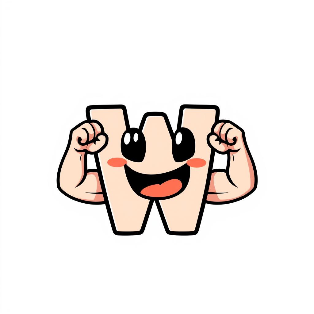 Twitch Emote idea created from the prompt: twitch emote, small bold expressive icon, thick outline, readable at tiny size, Plain Letter "W" with 2 strong arms flexing on the side blan