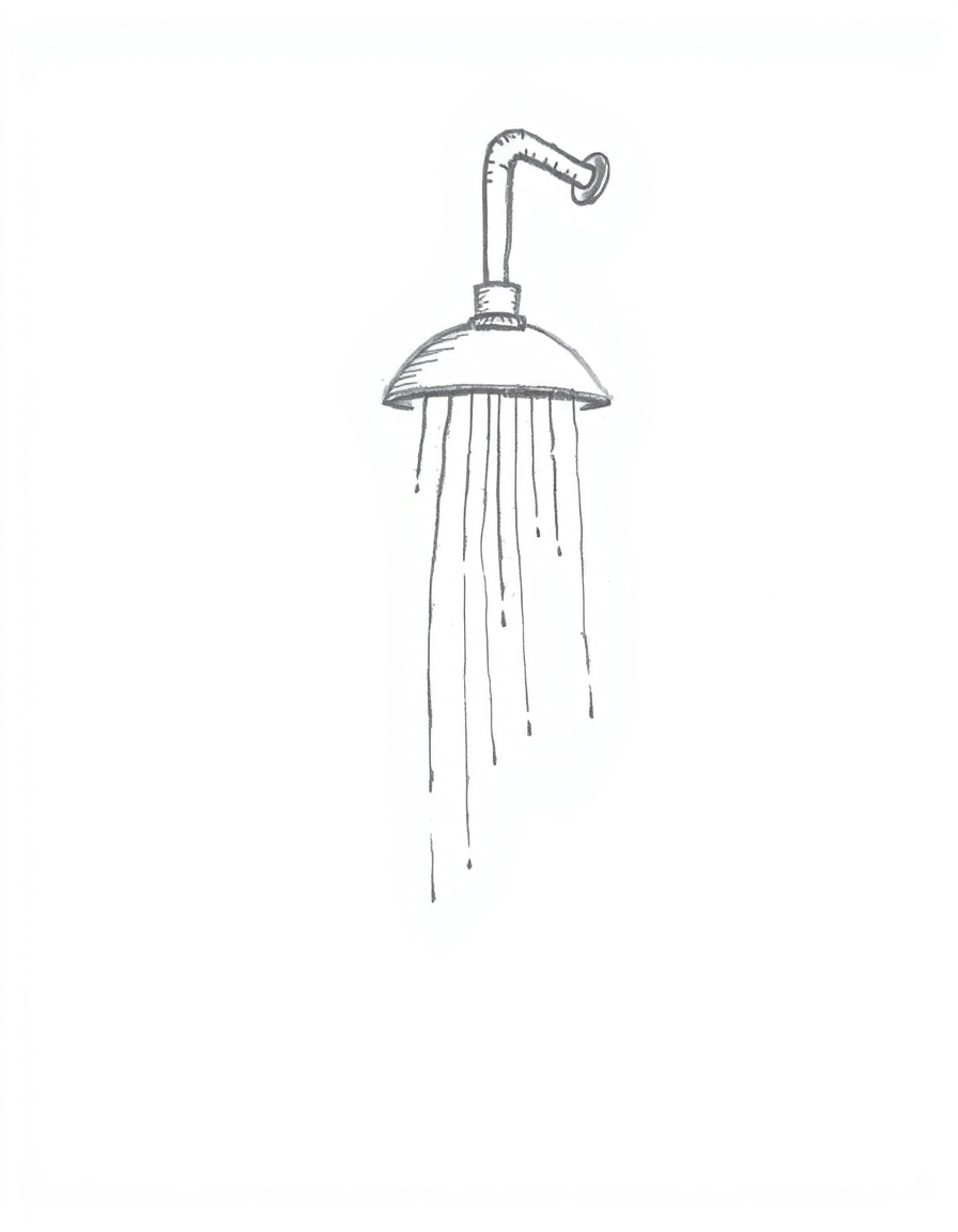 Main art studio: > Simple black-and-white pencil sketch of a shower head on a bathroom wall, with a few thin lines of water falling from it. Very minimal hand-drawn st