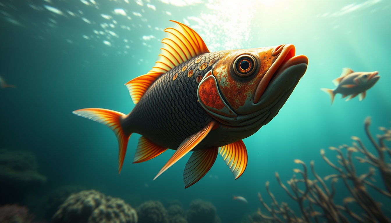 Main art studio: Make me a gamer photo for my account (SuspiciousFish) with this kind of theme but underwater and the fish is an attractive woman style fish who is mys