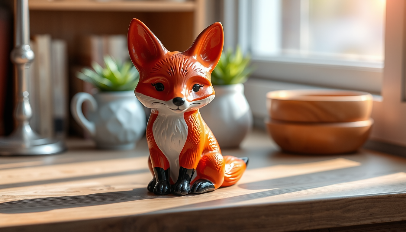 Main art studio: a ceramic red fox on a wooden desk, soft morning light