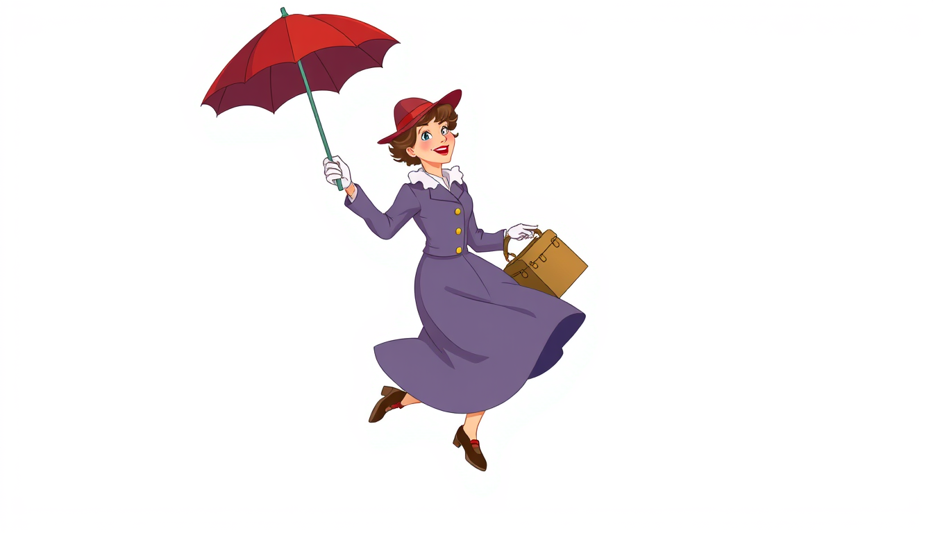 Main art studio: create an image of mary poppins flying with her umbrella and bag, the classic image that is often used but have colour in it and no background. Make i