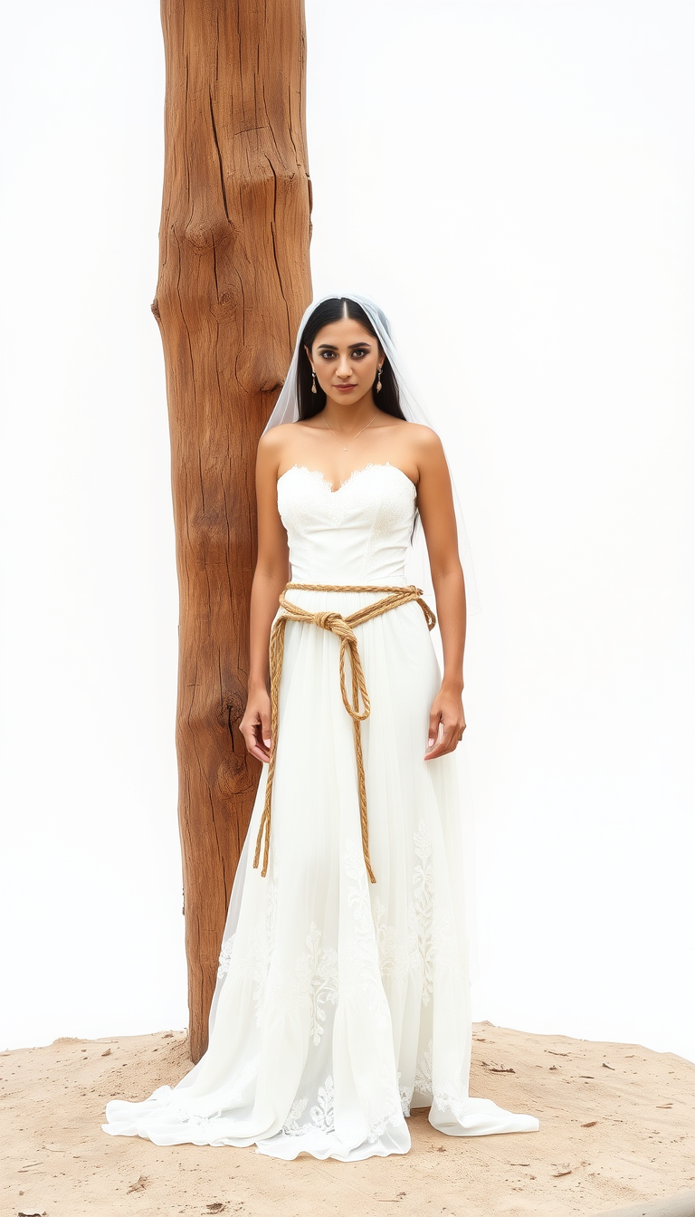 Main art studio: bride standing in front of a wooden pole. she is bound against the pole with ropes around her waist