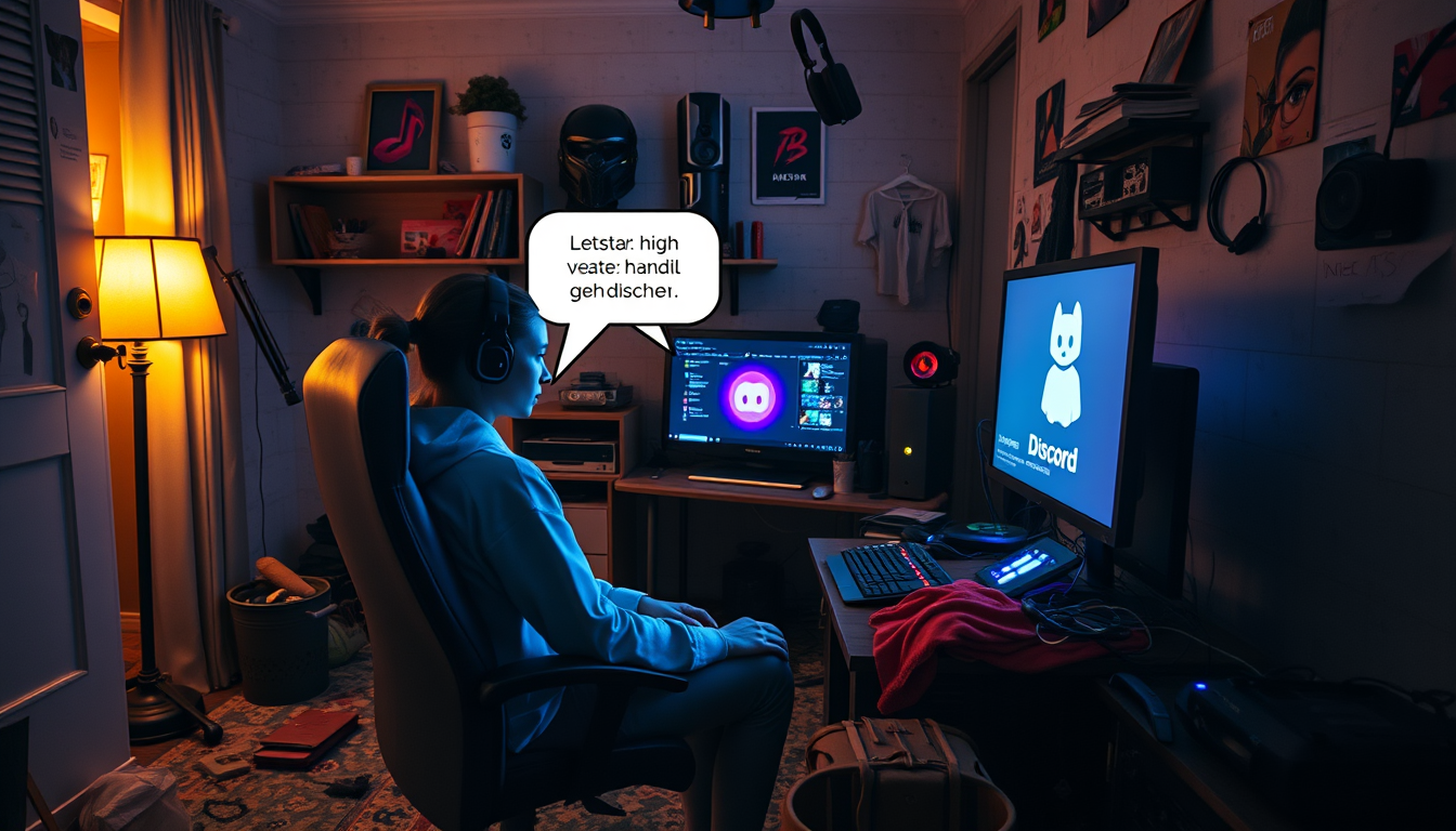 Main art studio: Erstelle ein realistisches, satirisches Meme-Video. Die Person sitzt ununterbrochen vor einem RGB-Gaming-PC mit geöffnetem Discord. Das Zimmer ist ext