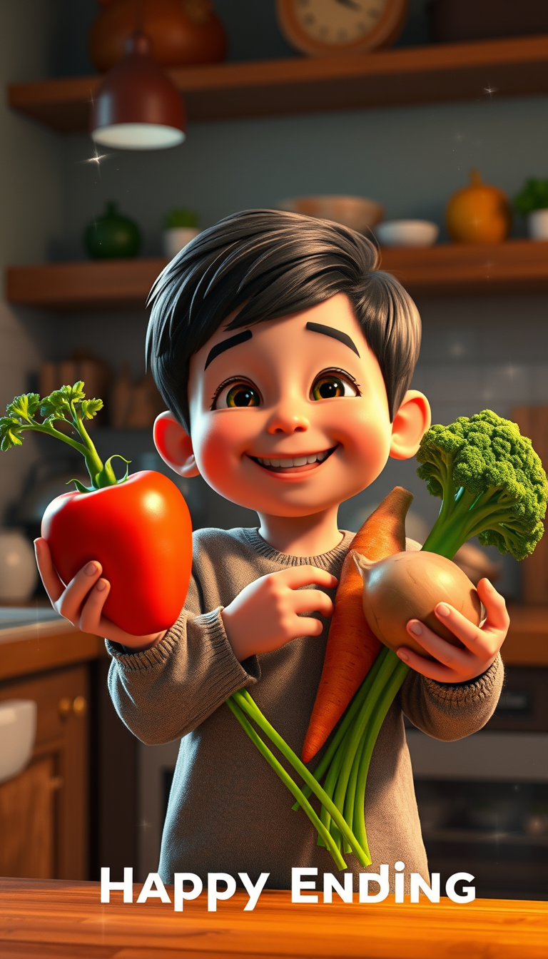 Main art studio: Scene 7 – Happy Ending Prompt: The child happily holding fresh vegetables while smiling, tomato, carrot, potato, broccoli, and onion celebrating toget