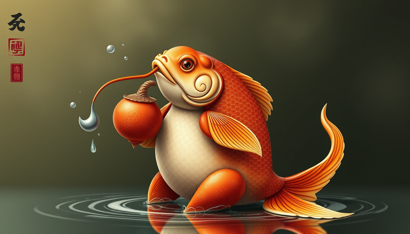 Main art studio: Koi drunyen kun fu master fish with drinking gourd sitting upright